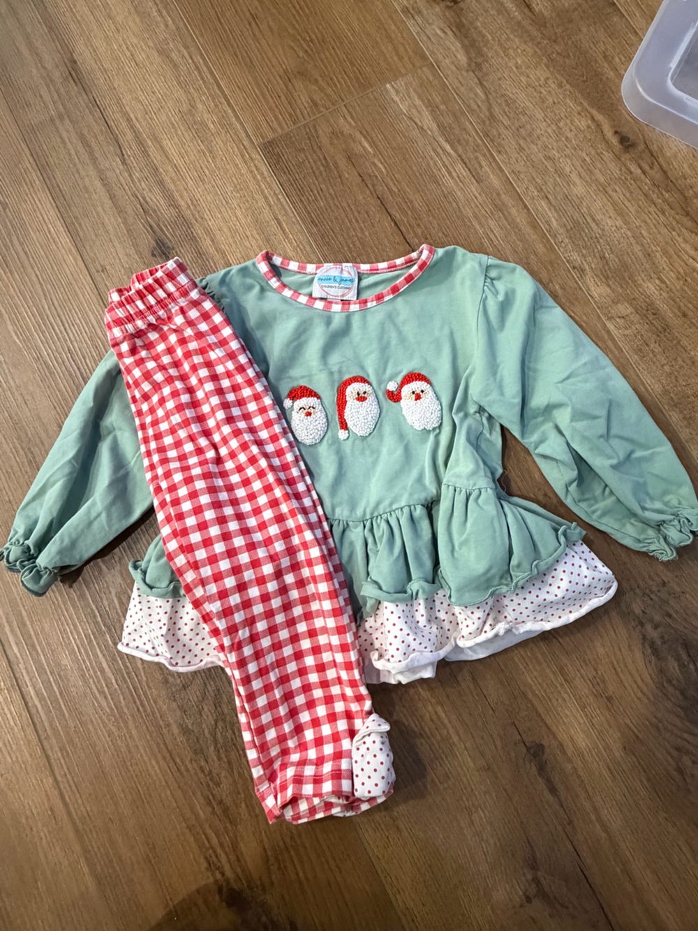 Mint Green Holiday Top with Santa Appliqués and Red Gingham Pants